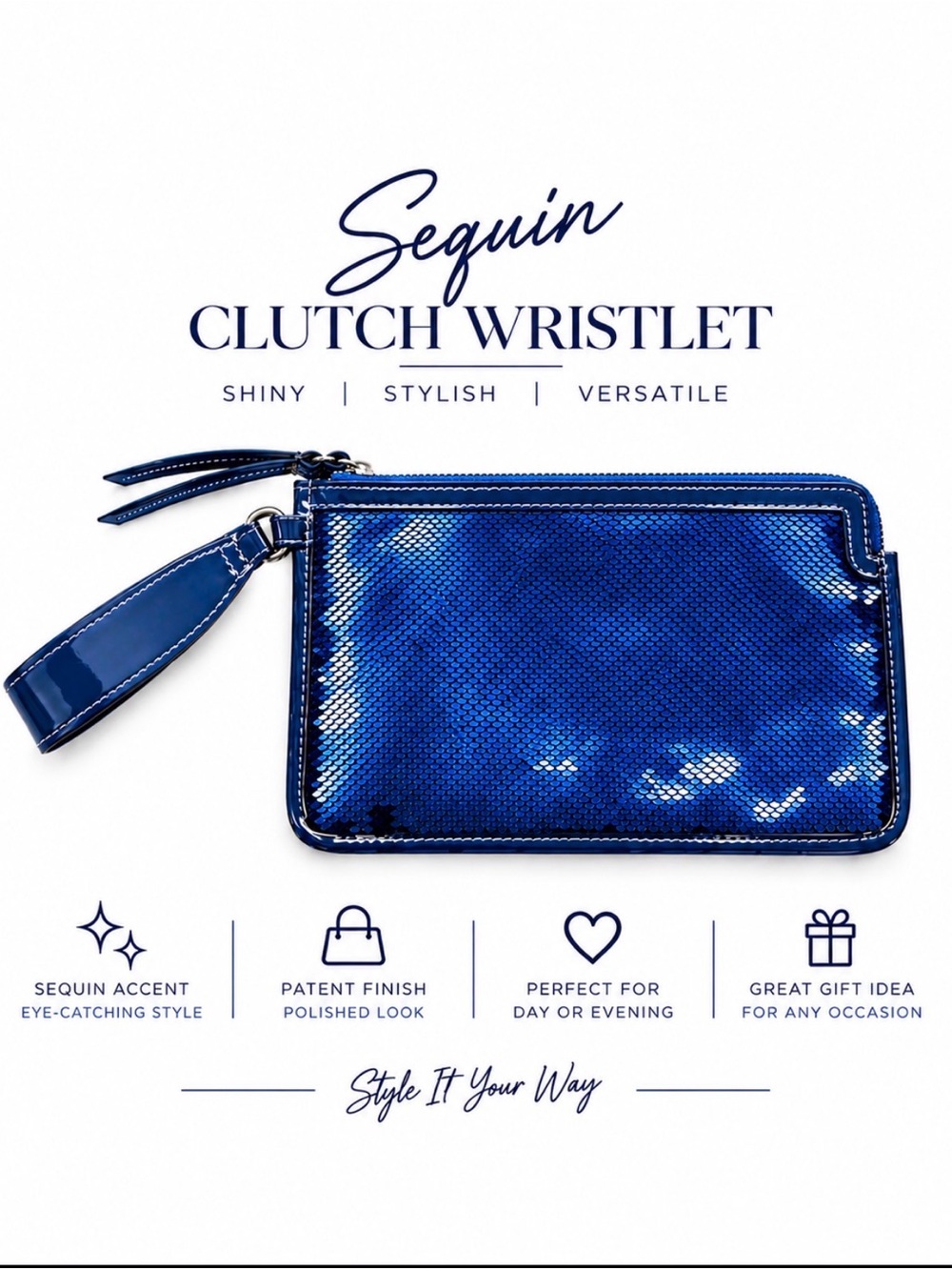Blue Sequin Clutch Wristlet with Patent Trim